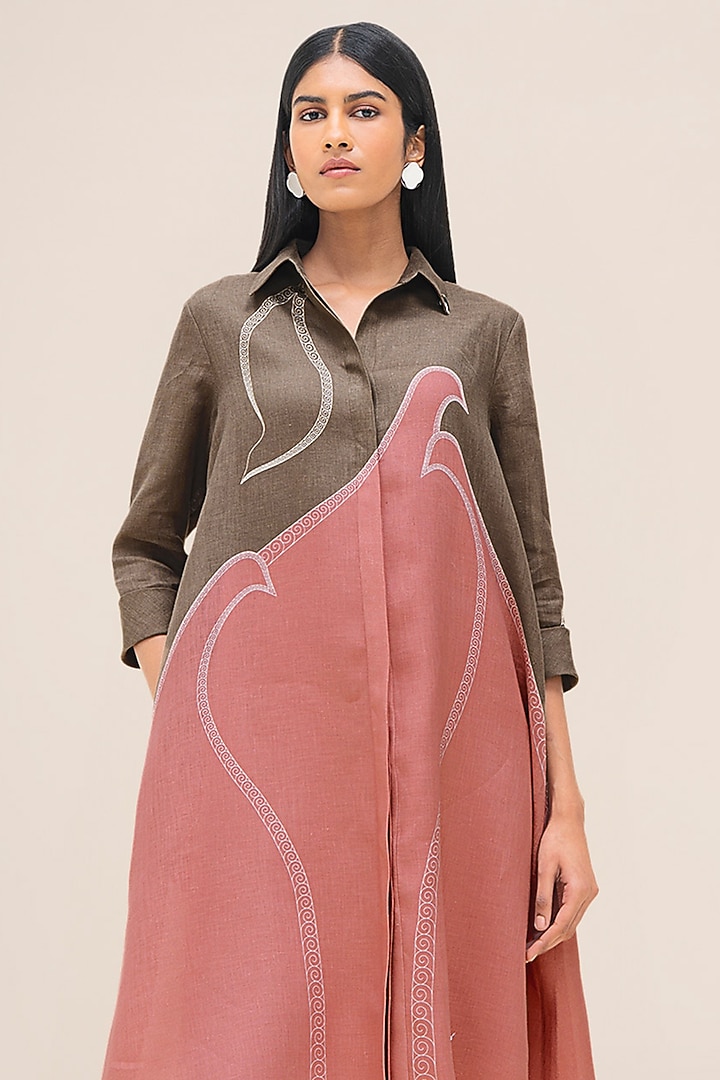 Taupe & Flamingo Pure Linen Shirt Vacation Dress by AMPM at Pernia's Pop Up Shop
