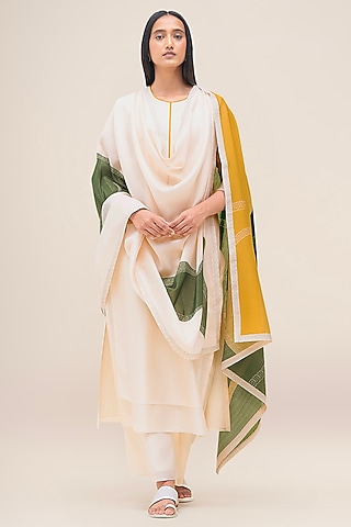 Butter Yellow Silk Chanderi Layered Kurta Set by AMPM