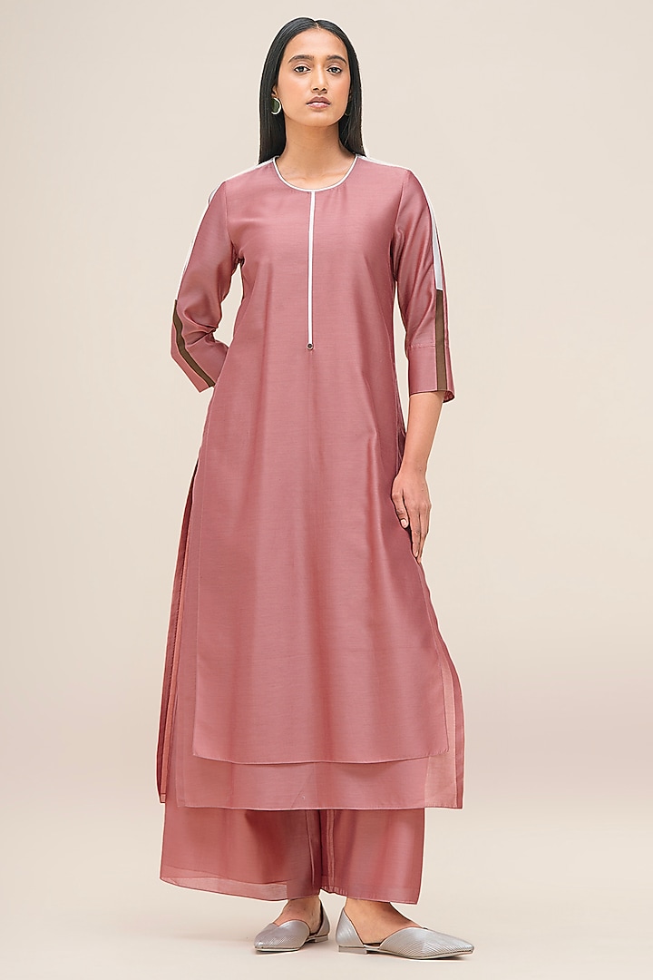 Flamingo Pink Silk Chanderi Layered Kurta Set by AMPM at Pernia's Pop Up Shop