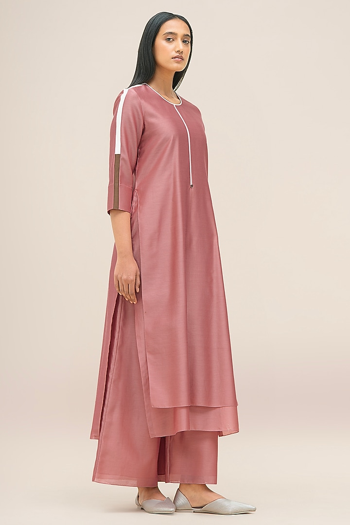 Flamingo Pink Silk Chanderi Layered Kurta Set by AMPM at Pernia's Pop Up Shop