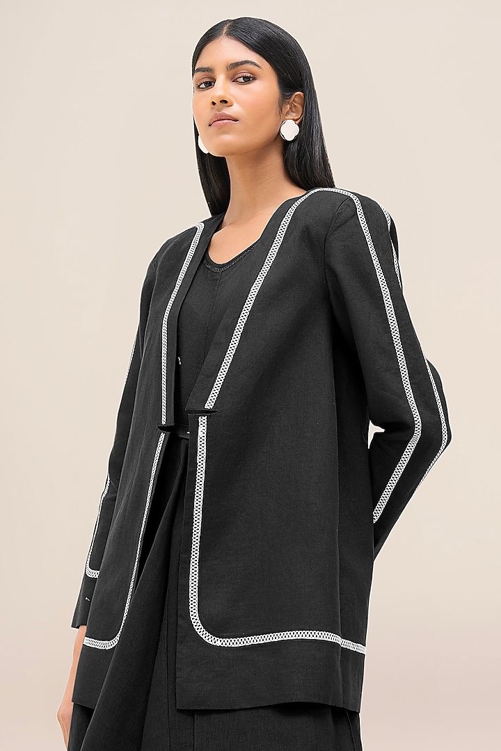 Black Soft Linen Structure Striped Jacket by AMPM at Pernia's Pop Up Shop