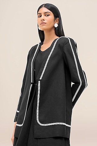 Black Soft Linen Structure Striped Jacket by AMPM