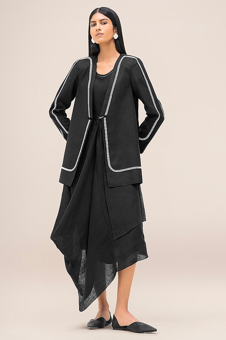 Black Soft Linen Structure Striped Jacket by AMPM at Pernia's Pop Up Shop
