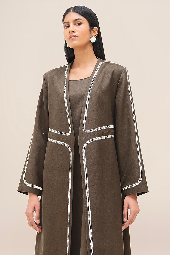 Taupe Cotton & Silk Abaya Set by AMPM at Pernia's Pop Up Shop