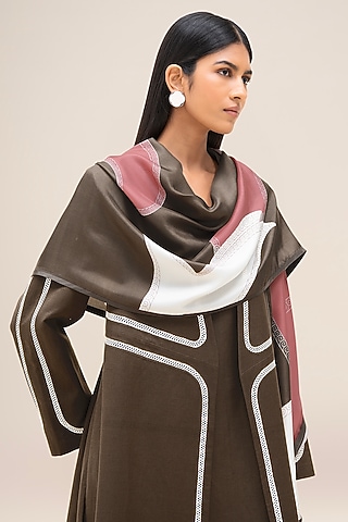 Taupe & Flamingo Pink Pure Silk Scarf by AMPM
