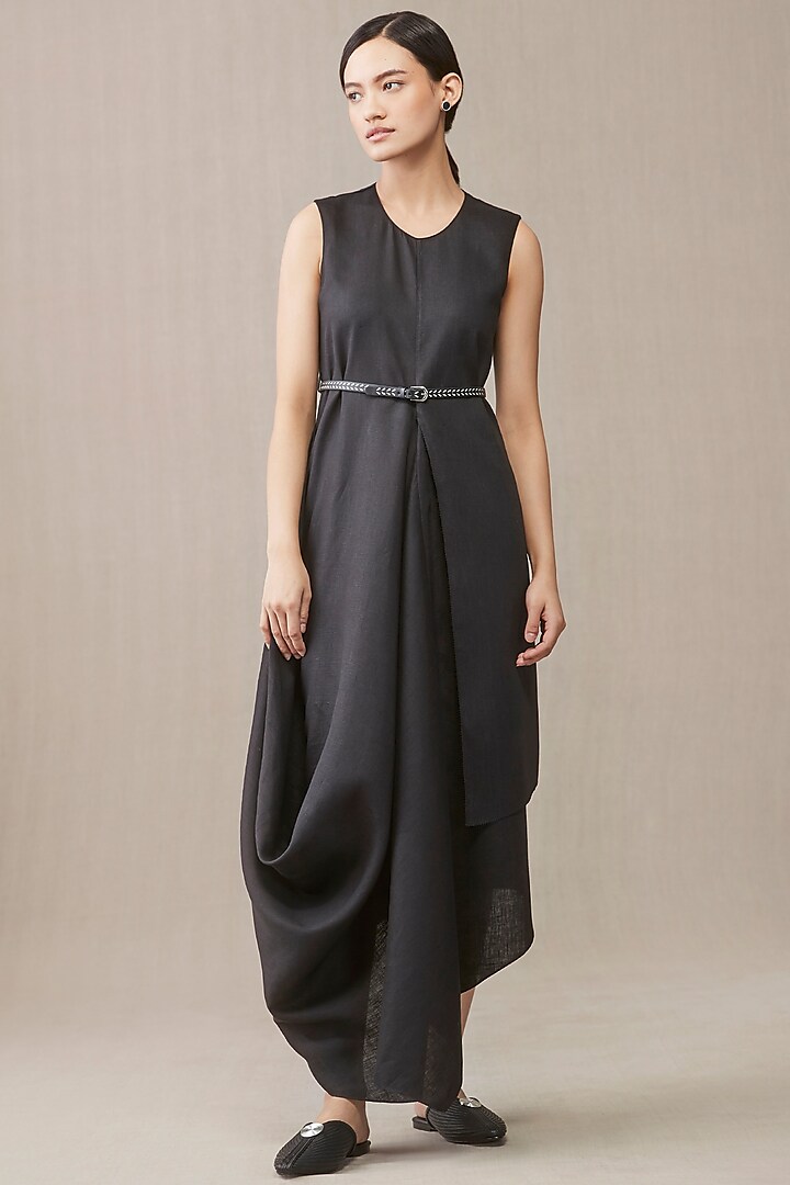 Black Linen Draped Dress With Belt by AMPM