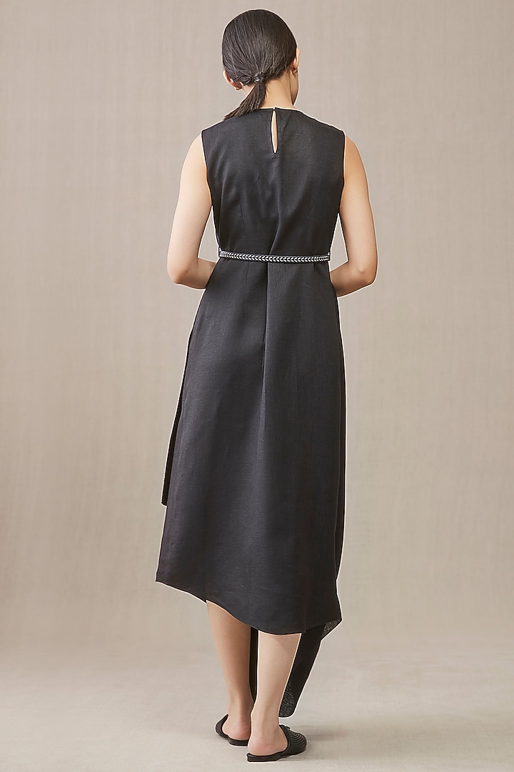Black Linen Draped Vacation Dress With Belt by AMPM at Pernia's Pop Up Shop