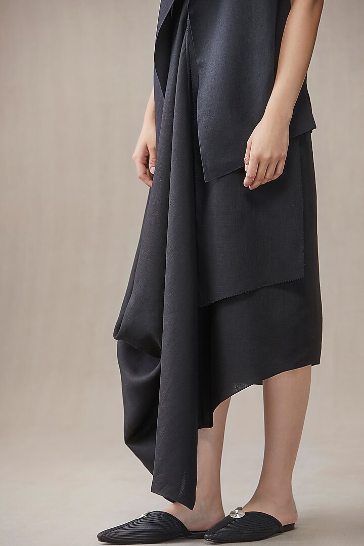 Black Linen Draped Vacation Dress With Belt by AMPM at Pernia's Pop Up Shop