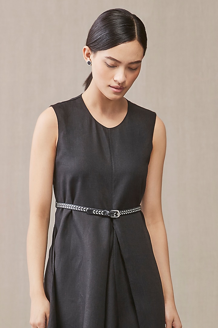 Black Linen Draped Vacation Dress With Belt by AMPM at Pernia's Pop Up Shop