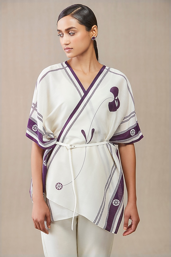 Ivory Chanderi Cape With Belt by AMPM at Pernia's Pop Up Shop