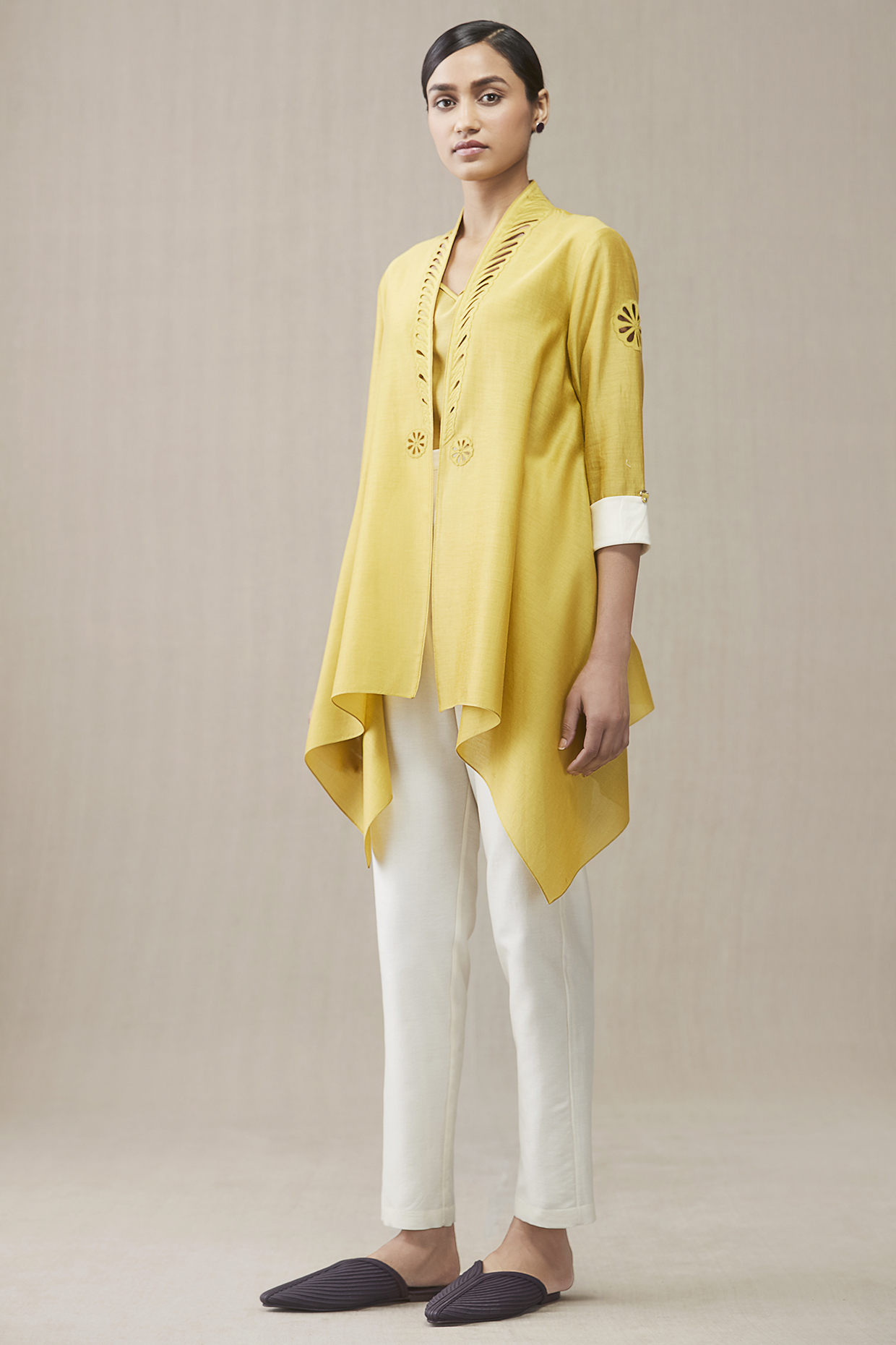 Mustard Chanderi Silk Throw Jacket by AMPM