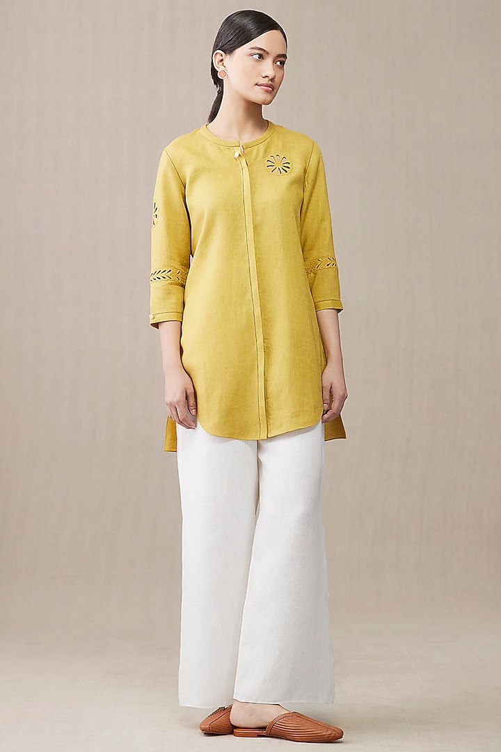 Mustard Linen Embroidered Shirt by AMPM