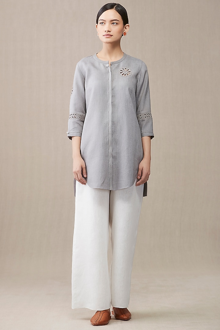 Grey Linen Embroidered Shirt by AMPM