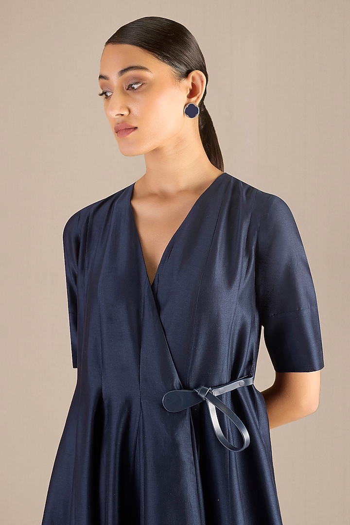Navy Rose Silk Cocktail Dress With Belt by AMPM at Pernia's Pop Up Shop