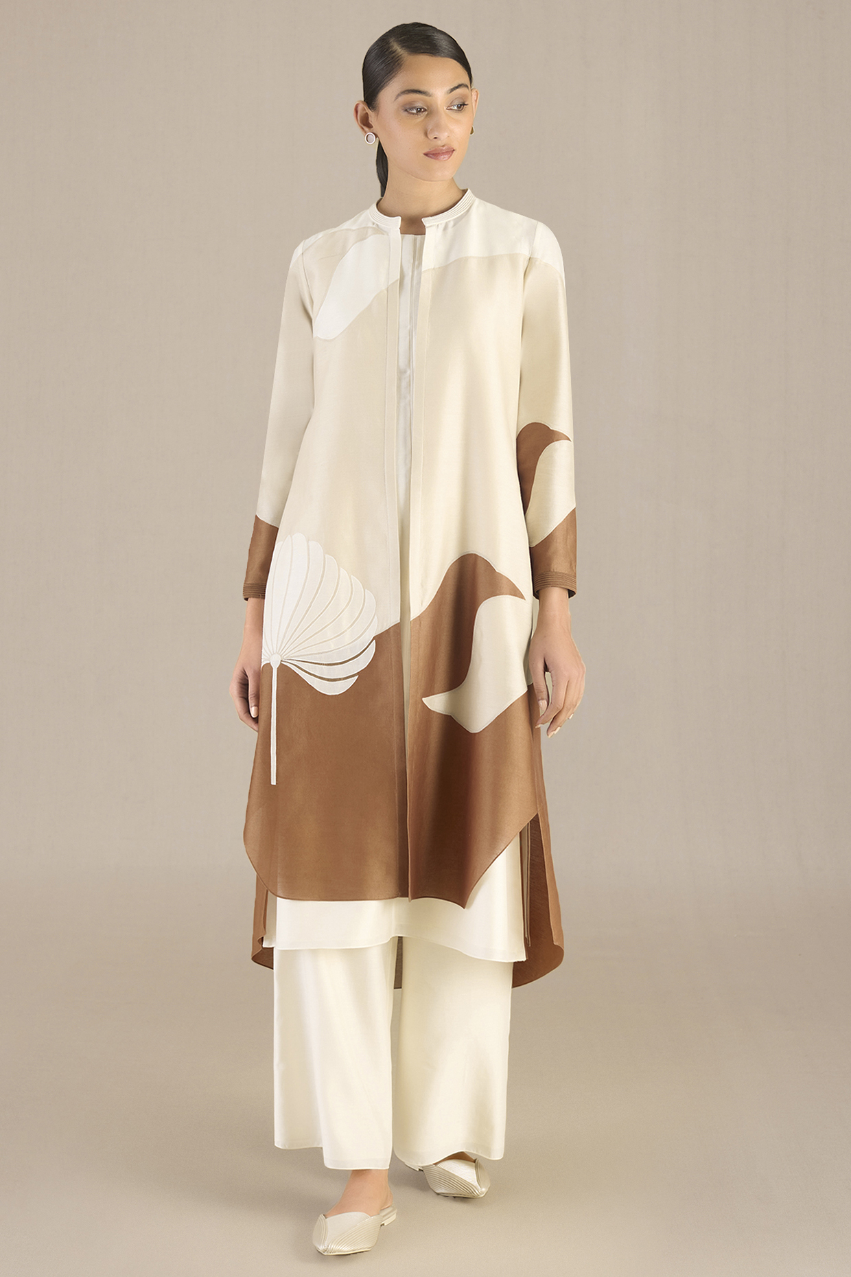 Light Beige Chanderi A-line Jacket Set by AMPM