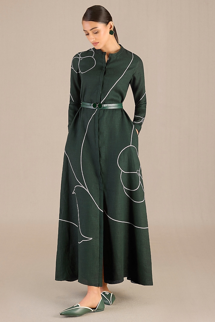 Dark Forest Green Linen Embroidered Dress With Belt by AMPM