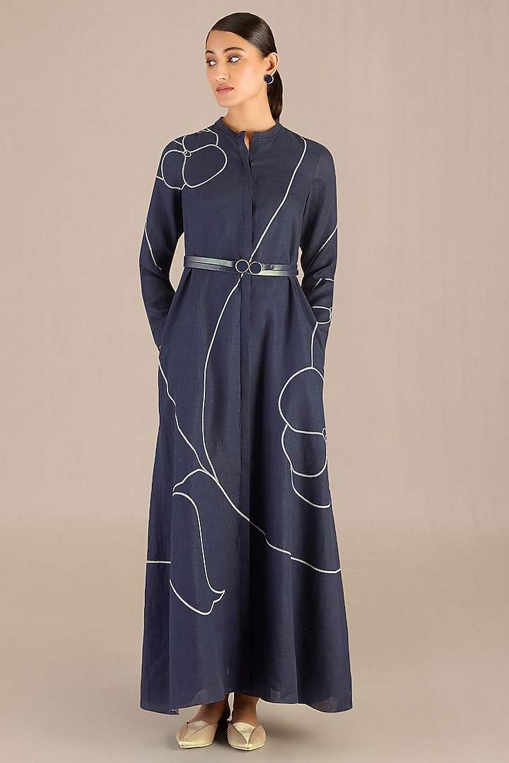 Navy Linen Embroidered Dress With Belt by AMPM