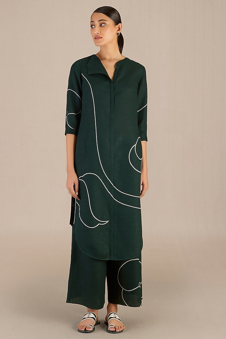Dark Forest Green Linen Tunic Set by AMPM