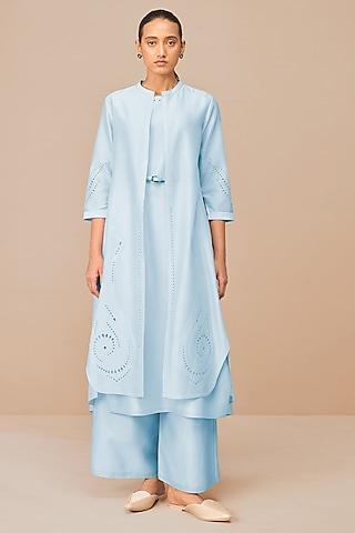 Ice Blue Chanderi Embroidered Jacket Set by AMPM