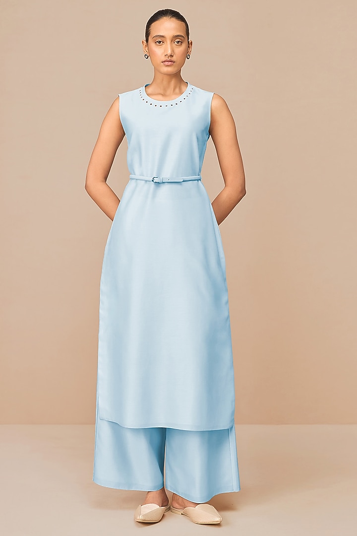 Ice Blue Chanderi Embroidered Jacket Set by AMPM at Pernia's Pop Up Shop