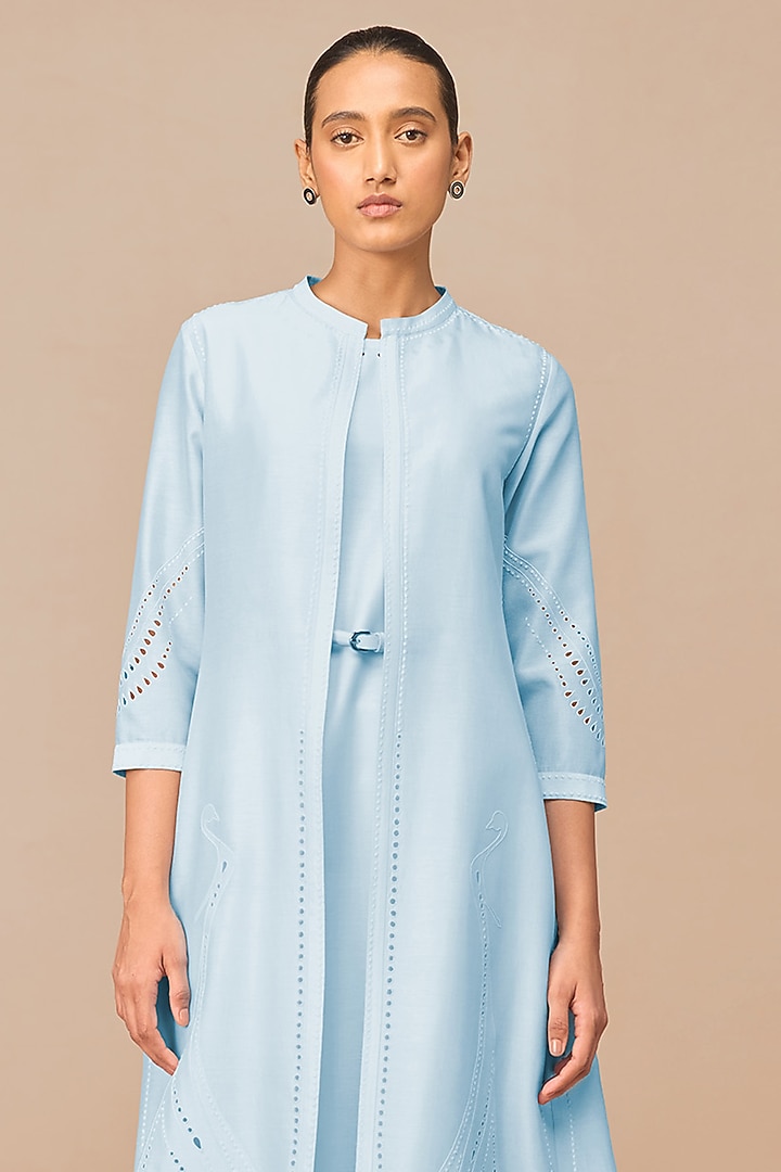 Ice Blue Chanderi Embroidered Jacket Set by AMPM at Pernia's Pop Up Shop