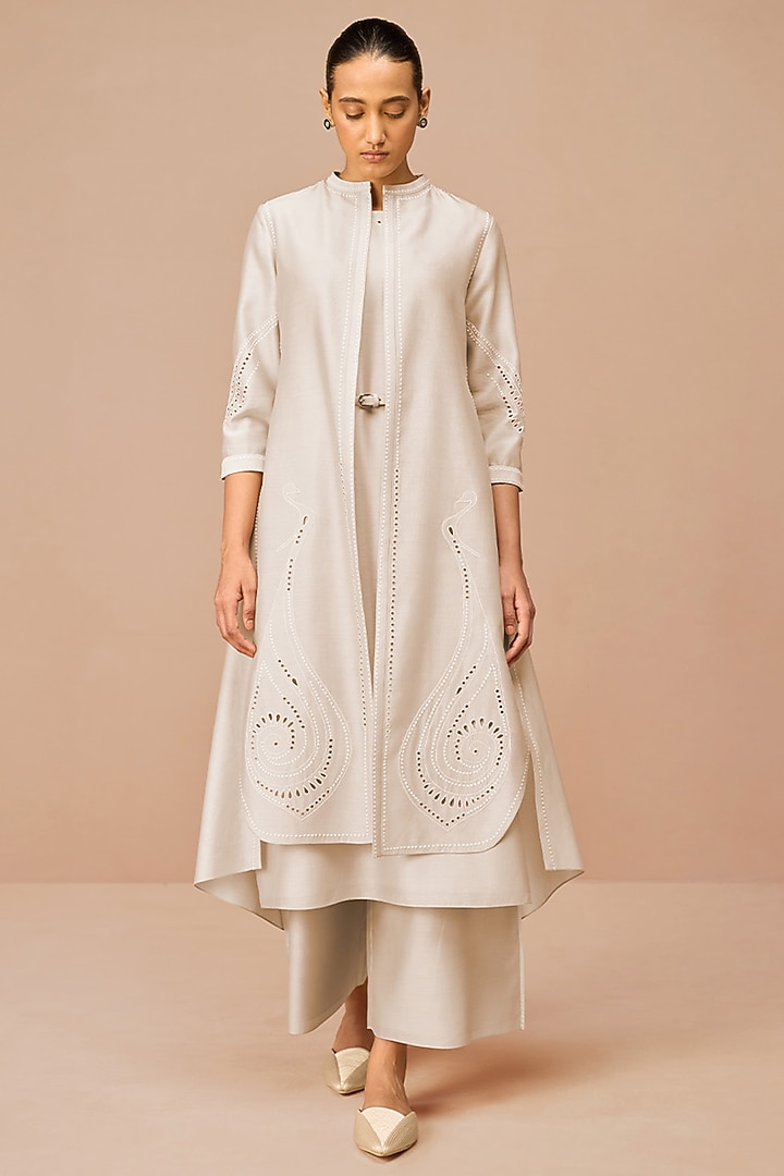 Beige Chanderi Embroidered Jacket Set by AMPM at Pernia's Pop Up Shop