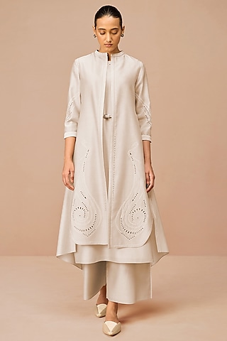 Beige Chanderi Embroidered Jacket Set by AMPM
