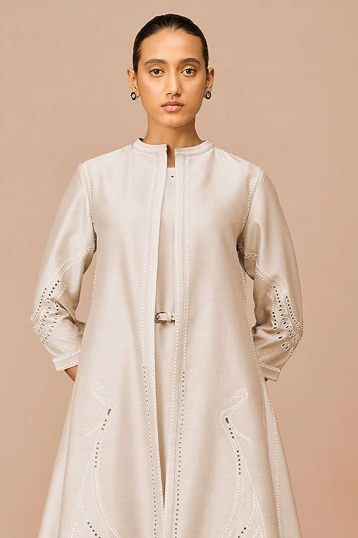 Beige Chanderi Embroidered Jacket Set by AMPM at Pernia's Pop Up Shop