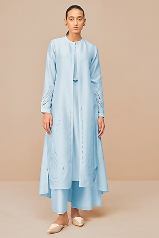 Ice Blue Chanderi Embroidered Jacket Set by AMPM