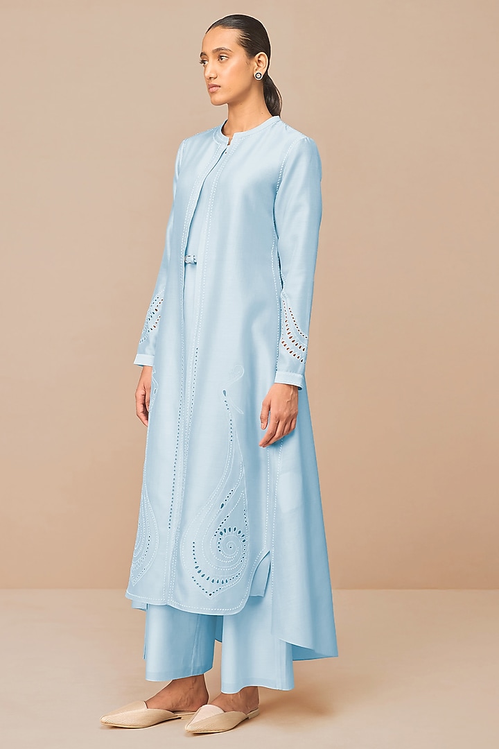 Ice Blue Chanderi Embroidered Jacket Set by AMPM at Pernia's Pop Up Shop