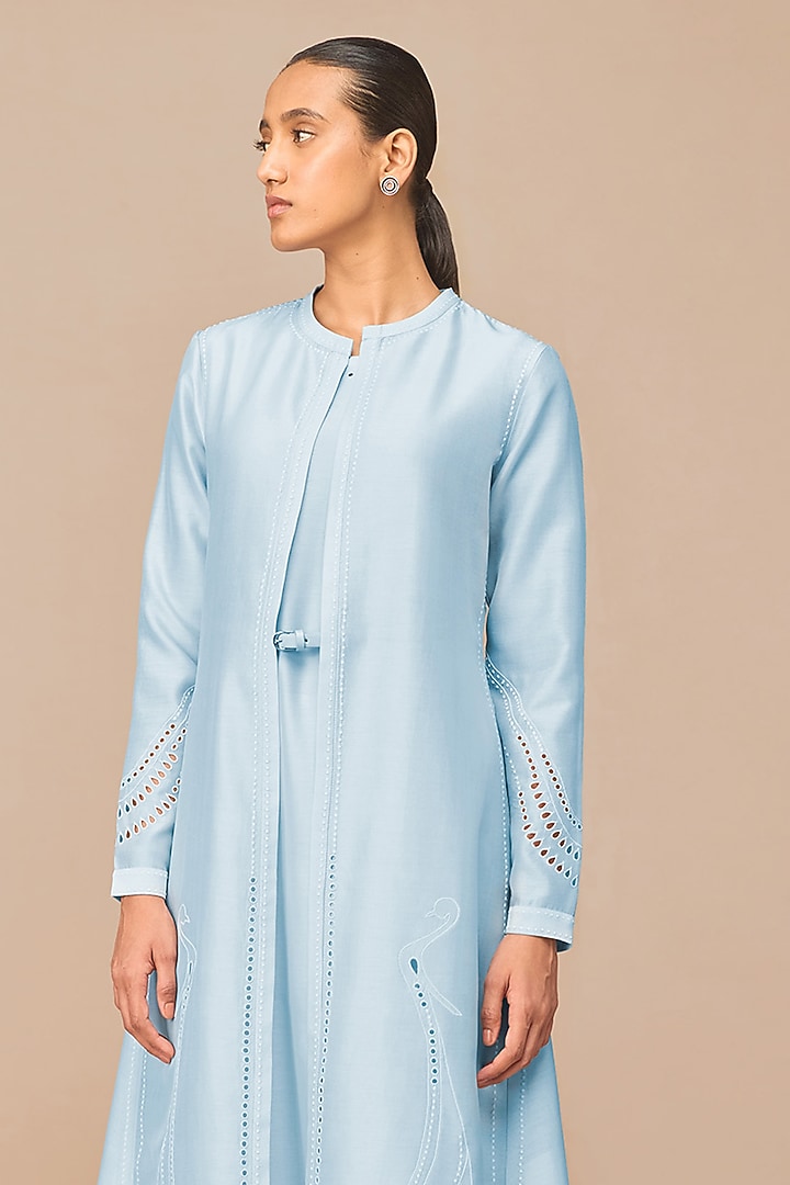 Ice Blue Chanderi Embroidered Jacket Set by AMPM at Pernia's Pop Up Shop
