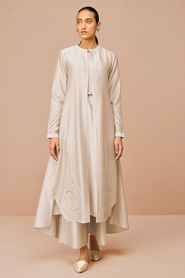 Beige Chanderi Embroidered Jacket Set by AMPM at Pernia's Pop Up Shop