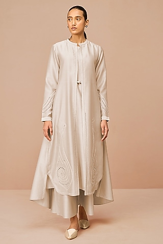 Beige Chanderi Embroidered Jacket Set by AMPM