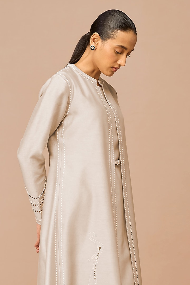 Beige Chanderi Embroidered Jacket Set by AMPM at Pernia's Pop Up Shop