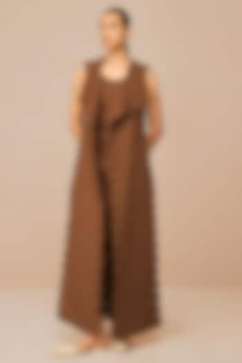 Earthy Brown Cotton Linen Embroidered Cape Set by AMPM at Pernia's Pop Up Shop