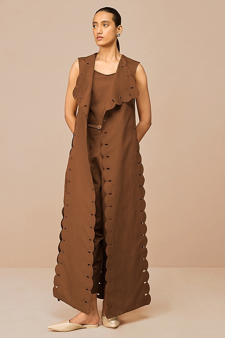Earthy Brown Cotton Linen Embroidered Cape Set by AMPM at Pernia's Pop Up Shop