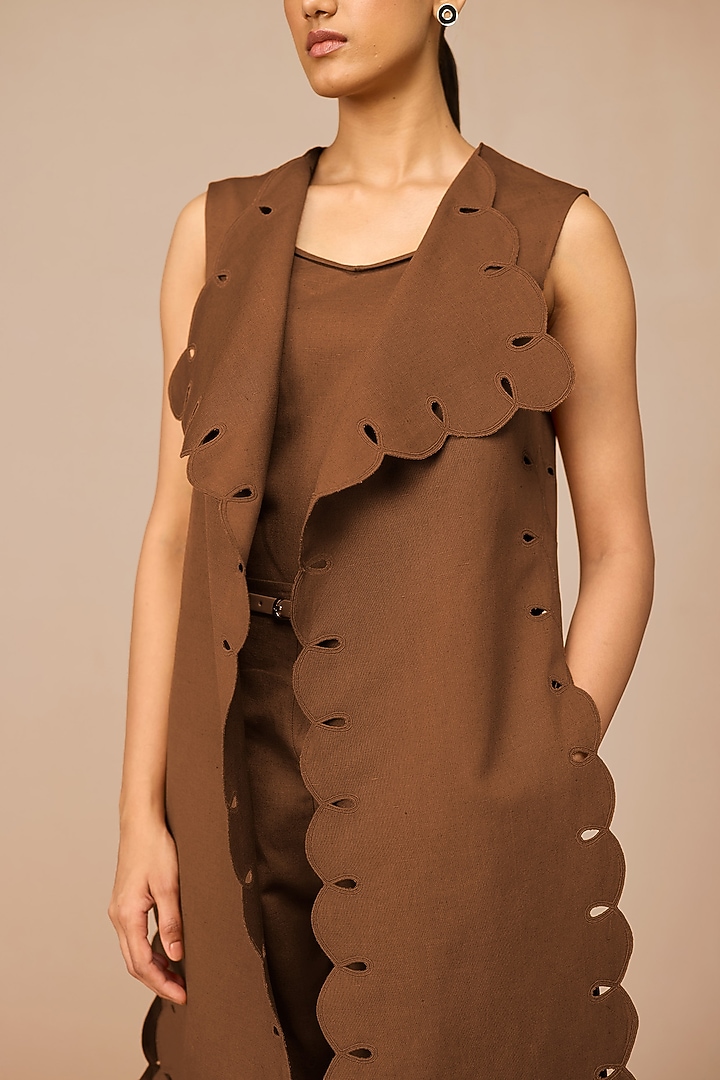 Earthy Brown Cotton Linen Embroidered Cape Set by AMPM at Pernia's Pop Up Shop