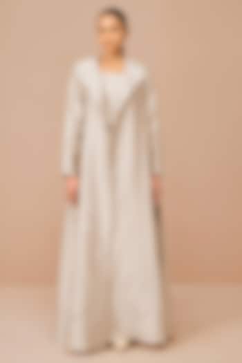 Beige Chanderi Cutwork & Dori Embroidered Jacket Party Wear Dress With Belt by AMPM at Pernia's Pop Up Shop