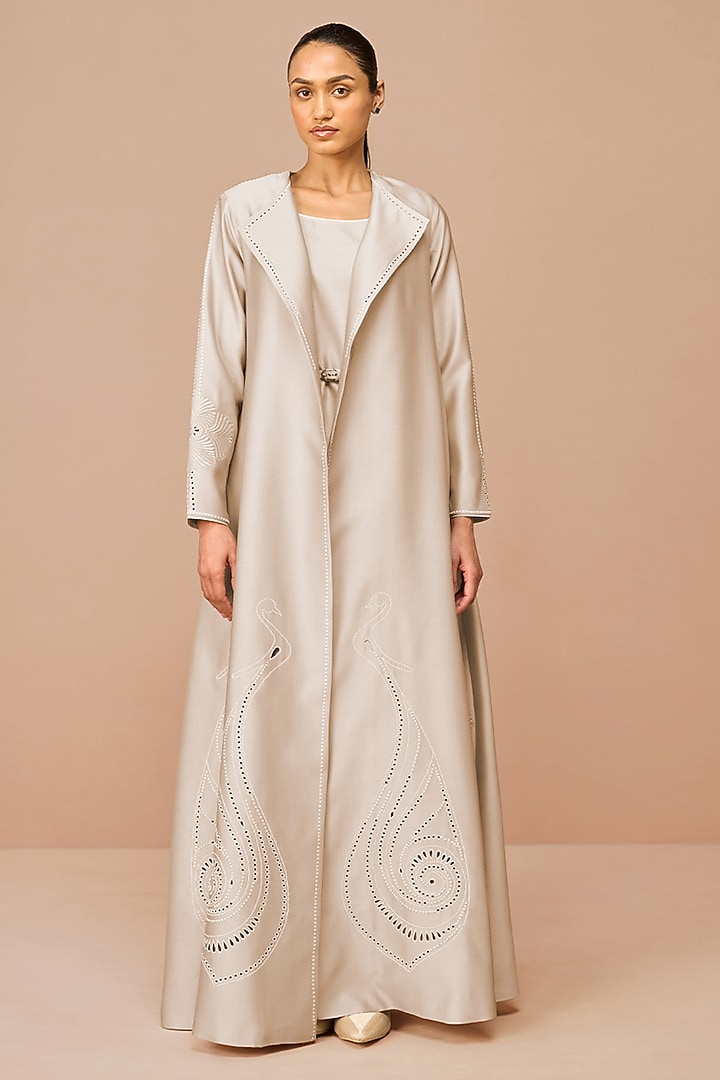 Beige Chanderi Cutwork & Dori Embroidered Jacket Party Wear Dress With Belt by AMPM at Pernia's Pop Up Shop