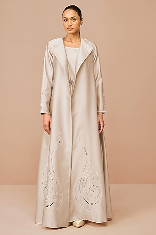 Beige Chanderi Cutwork & Dori Embroidered Jacket Dress With Belt by AMPM