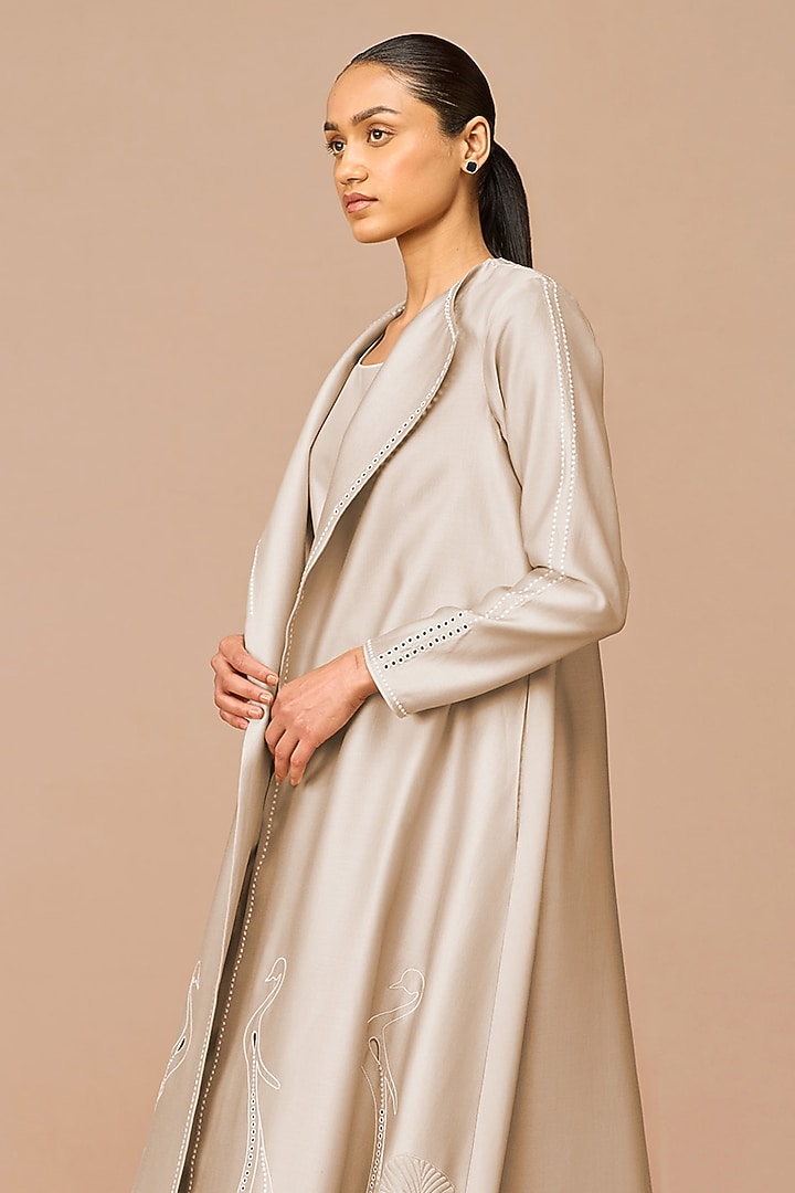 Beige Chanderi Cutwork & Dori Embroidered Jacket Party Wear Dress With Belt by AMPM at Pernia's Pop Up Shop