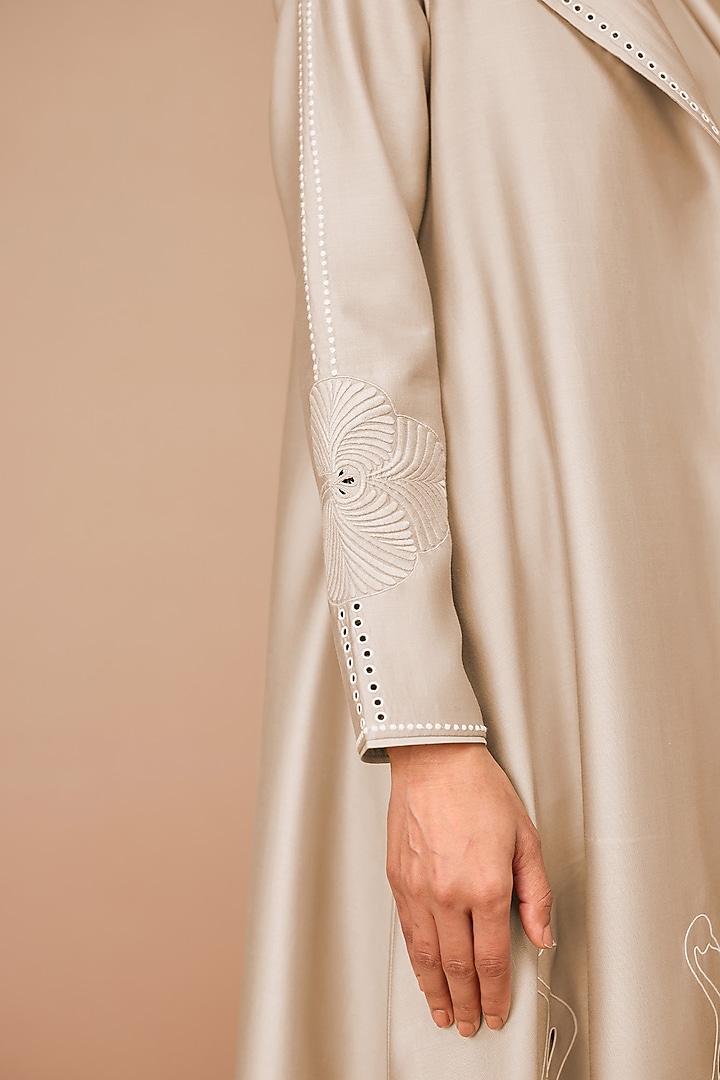Beige Chanderi Cutwork & Dori Embroidered Jacket Party Wear Dress With Belt by AMPM at Pernia's Pop Up Shop
