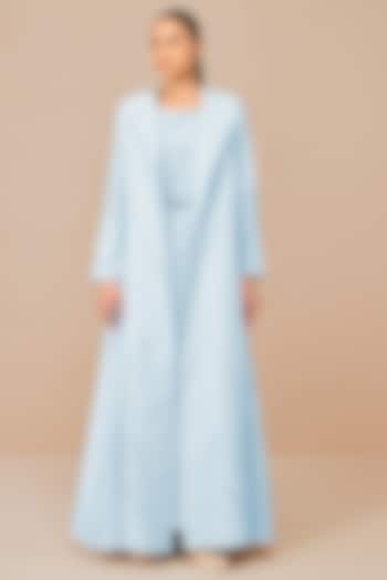 Ice Blue Chanderi Cutwork & Dori Embroidered Jacket Party Wear Dress With Belt by AMPM at Pernia's Pop Up Shop