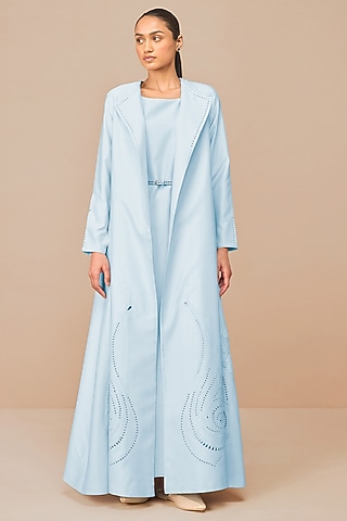 Ice Blue Chanderi Cutwork & Dori Embroidered Jacket Dress With Belt by AMPM