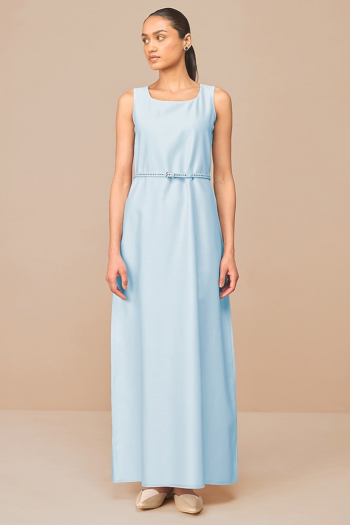 Ice Blue Chanderi Cutwork & Dori Embroidered Jacket Party Wear Dress With Belt by AMPM at Pernia's Pop Up Shop