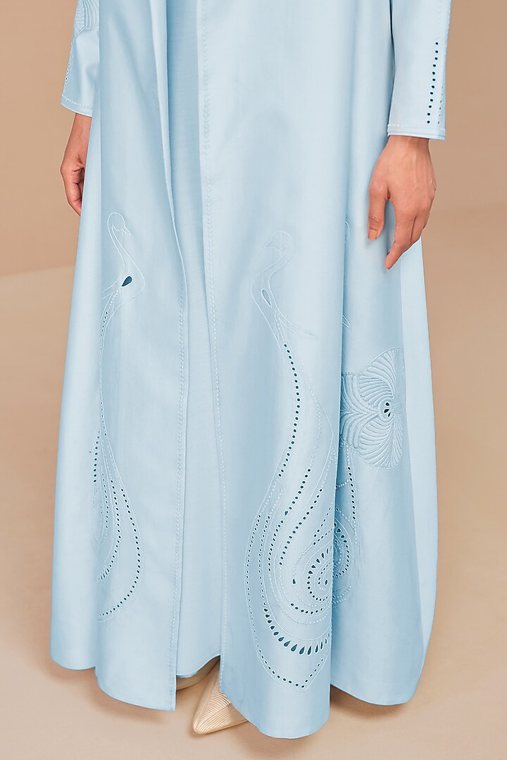 Ice Blue Chanderi Cutwork & Dori Embroidered Jacket Party Wear Dress With Belt by AMPM at Pernia's Pop Up Shop