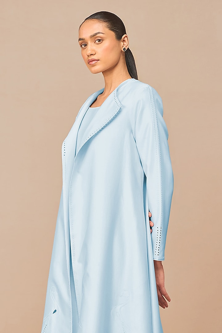 Ice Blue Chanderi Cutwork & Dori Embroidered Jacket Party Wear Dress With Belt by AMPM at Pernia's Pop Up Shop