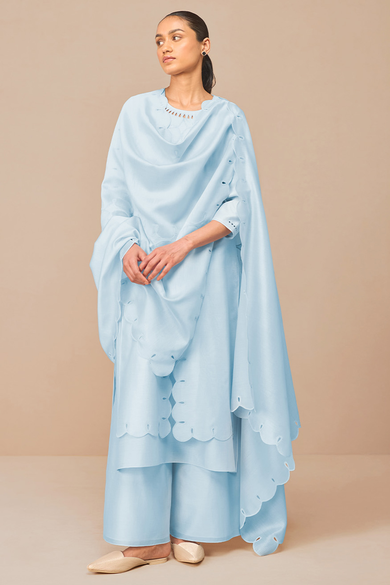 Ice Blue Chanderi Scalloped Kurta Set by AMPM at Pernia's Pop Up Shop
