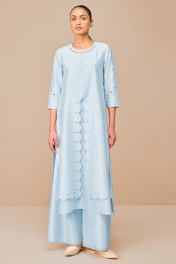 Ice Blue Chanderi Scalloped Kurta Set by AMPM at Pernia's Pop Up Shop