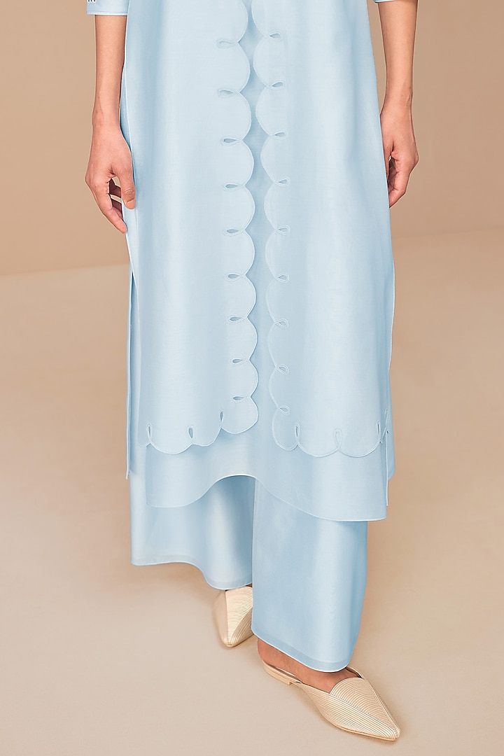 Ice Blue Chanderi Scalloped Kurta Set by AMPM at Pernia's Pop Up Shop